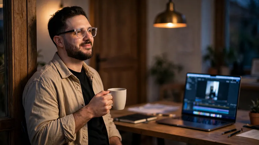 Gabriel com uma caneca de café enquanto o computador edita o vídeo